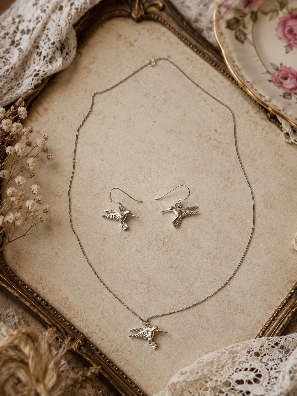 Sterling Silver Hummingbird Necklace & Earrings Set | 14K White Gold Chain